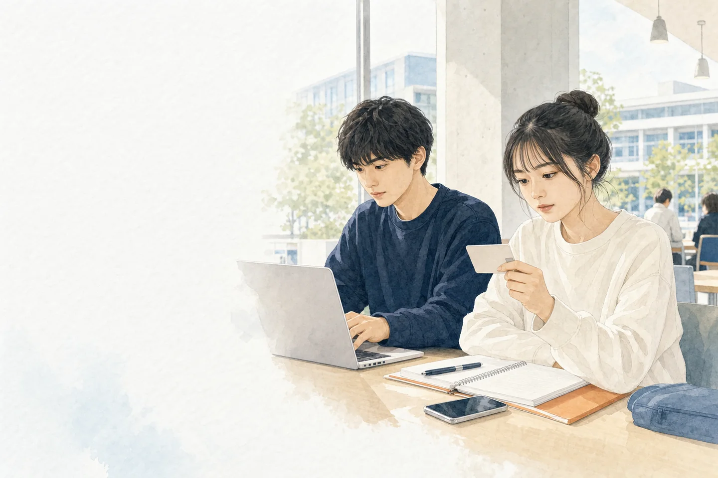 キャンパスの学習スペースで大学生活とカードについて調べる学生のイメージ